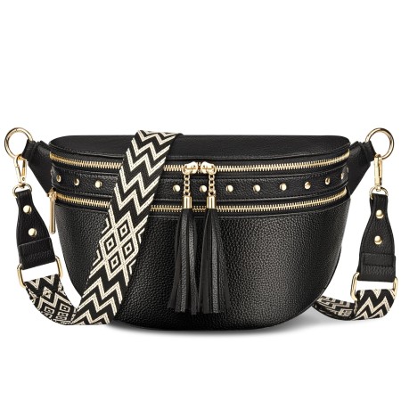 ISEYOU Sac Bandoulière Femme, Sac Banane Femme Grand en Cuir PU avec Sangle Bohème Détachable et Réglable, Sacs à Bandoulière avec 5 Porte-cartes et Fermeture à Glissière à Double Frange