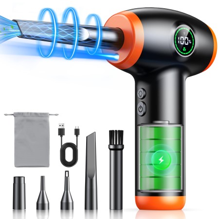 ISEYOU Elettrico Aria Compressa, Air Duster con Display LED Batteria, 90000RPM Soffiatore Aria Compressa con 3 Velocità Regolabili e Illuminazione Ausiliaria Luce LED, per PC, Camera, Tastiere, Auto