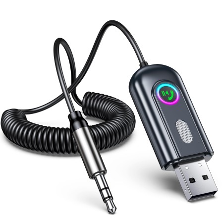 ISEYOU Aux Bluetooth Auto, Ricevitore Bluetooth 5.3 con Jack da 3,5mm per Chiamate in Vivavoce e Ascolto di Musica, Plug&Play Luce RGB per Auto Audio Domestico Black