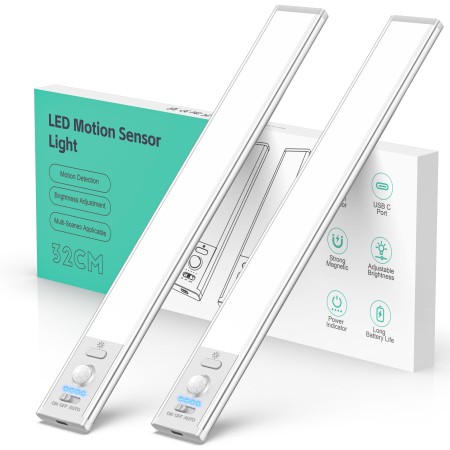 ISEYOU LED Sottopensile Cucina, 32CM Luce LED Sottopensile 3000mAh USB Ricaricabile, 6000K Luce Armadio LED con Sensore per Cucina Scale Corridoio Soggiorno Bagno Camere da Letto - 2 Pezzi